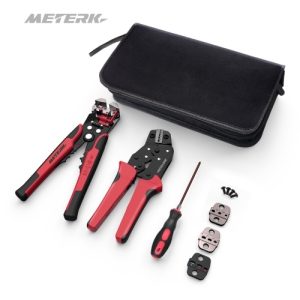 METERK Professional 4 In 1 Wire Crimpers Engineering Ratcheting Terminal Crimping Pliers Bootlace Ferrule Crimper Tool Cord End Terminals With Wire Stripper Red and Black